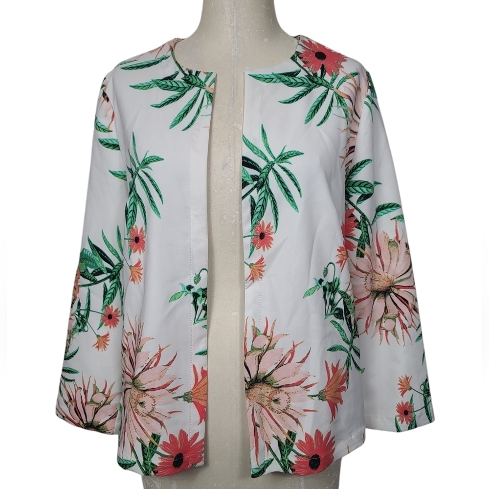 Chico's White Green Pink Tropical Floral Open Cardigan S